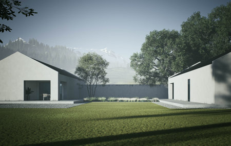 Exploring Modern Minimalist Architecture Set Against a Stunning Natural Landscapeの写真素材