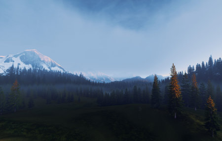 A Beautiful Serene Mountain Landscape at Dawn Surrounded by Misty Fog Creating a Calm Atmosphereの写真素材