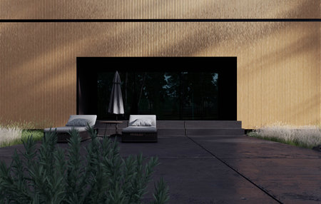 A Modern Wooden Cabin Nestled Amongst Lush Green Forest and Natural Surroundingsの写真素材