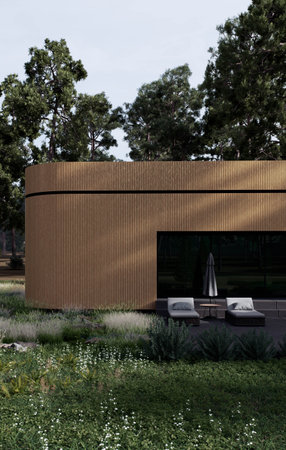 A Modern Wooden Cabin Nestled Amongst Lush Green Forest and Natural Surroundingsの写真素材