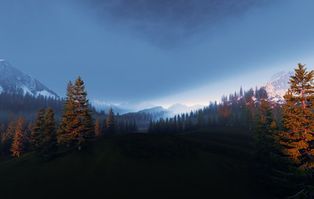 A Beautiful Serene Mountain Landscape at Dawn Surrounded by Misty Fog Creating a Calm Atmosphereの写真素材