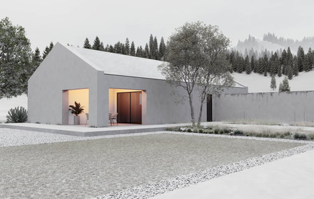A Stunning Modern Minimalist House Situated in a Beautiful Snowy Winter Landscapeの写真素材