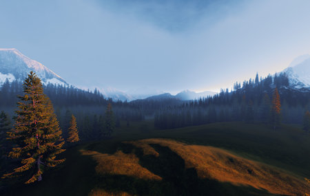 A Beautiful Serene Mountain Landscape at Dawn Surrounded by Misty Fog Creating a Calm Atmosphereの写真素材