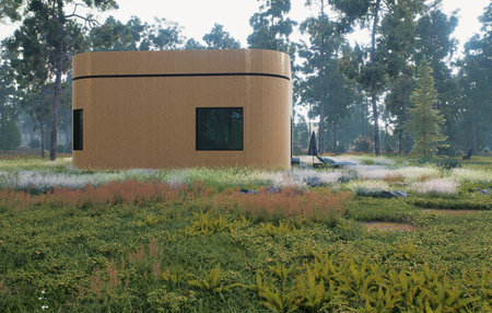 A Modern Wooden Cabin Nestled Amongst Lush Green Forest and Natural Surroundingsの写真素材