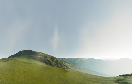 Lush green hills flourish under a bright blue sky filled with beautiful, fluffy cloudsの写真素材