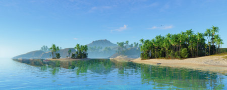 A Serene Tropical Landscape featuring Clear Waters and Lush Vegetation all around itの写真素材