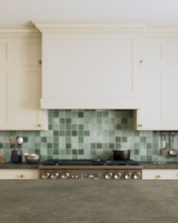 An elegant modern kitchen with a stylish mint-colored tile that captivatesの写真素材