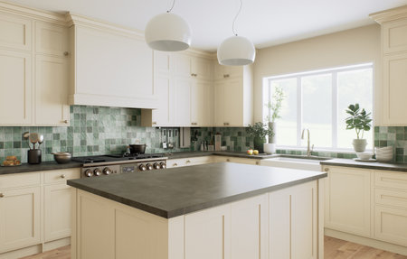 This is a stylish and modern kitchen, decorated with beautiful green accents and an open layoutの写真素材