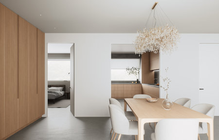 The modern minimalist dining room has elegant lighting and a chic atmosphere for any occasionの写真素材