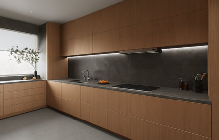 Modern wood kitchen designs include sleek countertops that enhance functionality and beautyの写真素材