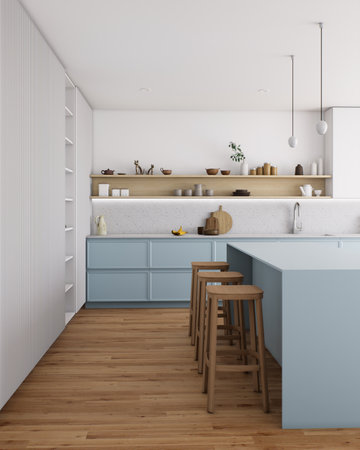 Meet modern cuisine, in which there are stylish blue cabinets with natural wood accentsの写真素材