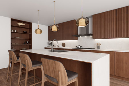 This modern cuisine has an elegant design supplemented by exquisite wooden accentsの写真素材