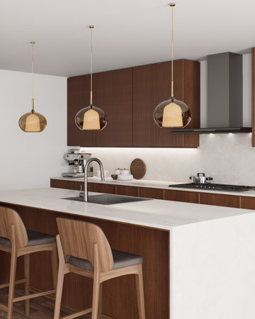 Discover the latest in modern kitchen design, showing elegant lighting and living rooms in the barの写真素材