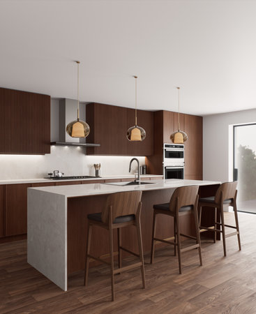 A modern kitchen featuring an elegant design that incorporates beautiful natural materialsの写真素材