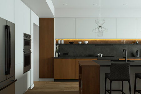 Explore the modern minimalist kitchen design with smooth finish, mixing aesthetics and functionalityの写真素材