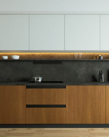 Discover modern minimalist kitchen design with beautiful wooden cabinets and stylish appliancesの写真素材