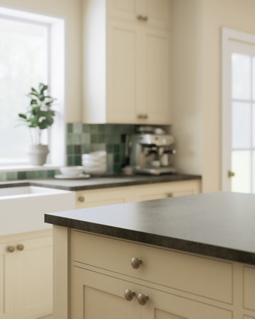 Explore the essence of modern kitchen design featuring sleek appliances and elegant green tilesの写真素材