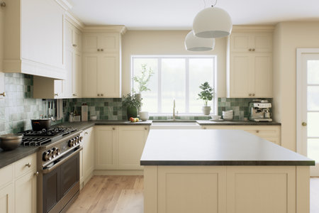 Explore the essence of modern kitchen design featuring sleek appliances and elegant green tilesの写真素材
