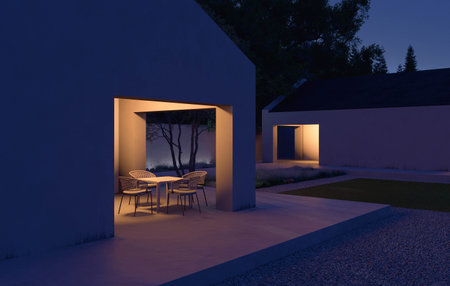 A Serene and Modern Home Nestled Beneath a Starry Night Skyの写真素材