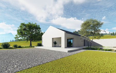 Contemporary Architectural Design Set Against a Serene and Picturesque Mountain Landscapeの写真素材
