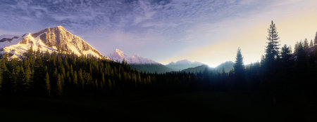 A Beautiful Serene Mountain Landscape at Dawn Surrounded by Misty Fog Creating a Calm Atmosphereの写真素材