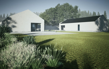 Exploring Modern Minimalist Architecture Set Against a Stunning Natural Landscapeの写真素材