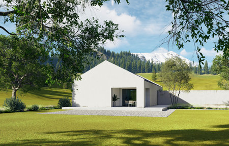 Contemporary Architectural Design Set Against a Serene and Picturesque Mountain Landscapeの写真素材