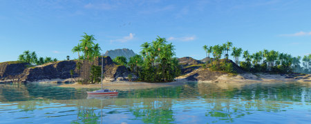 A Serene Tropical Landscape featuring Clear Waters and Lush Vegetation all around itの写真素材