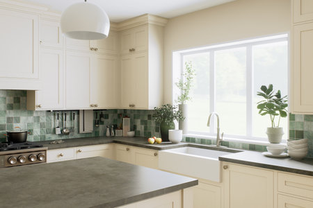 An elegant modern kitchen with a stylish mint-colored tile that captivatesの写真素材