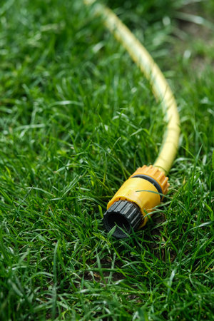A yellow garden hose with a connector fitting lies on vibrant green grass, ready for watering tasks.の写真素材