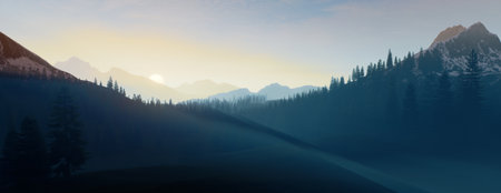 A Beautiful Serene Mountain Landscape at Dawn Surrounded by Misty Fog Creating a Calm Atmosphereの写真素材