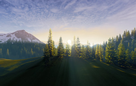 A Beautiful Serene Mountain Landscape at Dawn Surrounded by Misty Fog Creating a Calm Atmosphereの写真素材