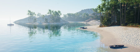 A Serene Tropical Landscape featuring Clear Waters and Lush Vegetation all around itの写真素材