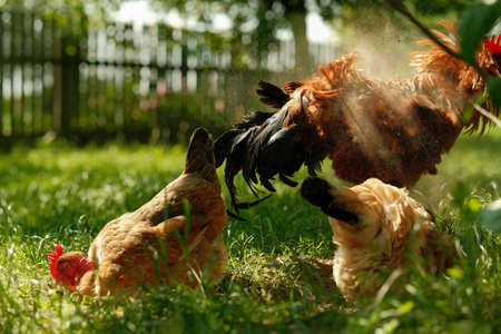 Chickens take a dust bath on a sunny day in a grassy, fenced area.の写真素材