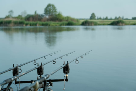 Fishing rods patiently await a catch by the serene waters edge, with lush green landscape in the background.の写真素材