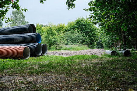 Large corrugated pipes, some with blue interiors, are stacked in a grassy area with trees and cleared ground in the background.の写真素材