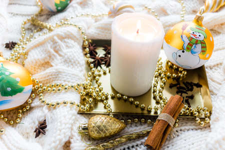 Christmas decorations in winter setupの写真素材