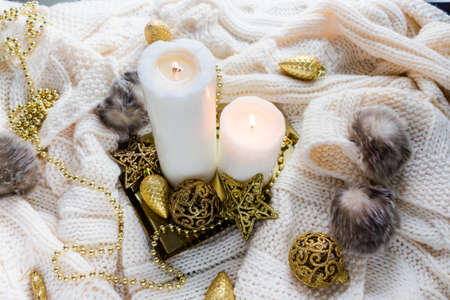 Christmas decorations in winter setupの写真素材