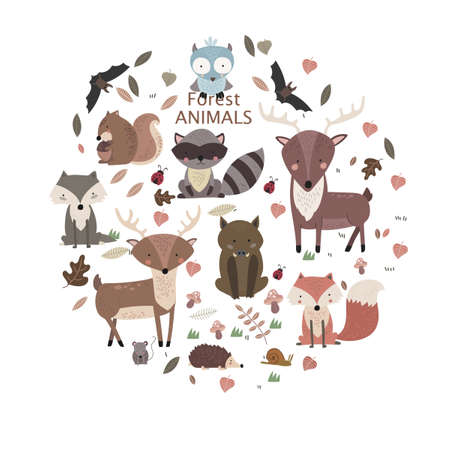 Cartoon Forest Animals Pack. Cute Animal Vector Set. Bear, Fox, Wolf, Hedgehog, Beaver, Moose, Hare, Deerのイラスト素材