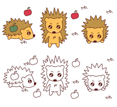 set of hedgehogs and applesのイラスト素材