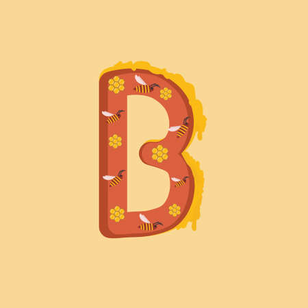 Letter B with bees and honey for children's literature, print, typography, design element, logoのイラスト素材