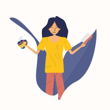 Girl resting with a book and a cup of coffee, in a flat style on a white background, vector illustration for internet, advertising, journalistic materials, printのイラスト素材