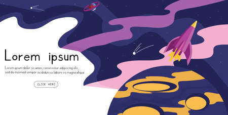 Banner for online advertising, vector illustration, landing page, SMM banner, poster, page for website, outer space, rocket, planet and osteroids, vector illustration, web designのイラスト素材