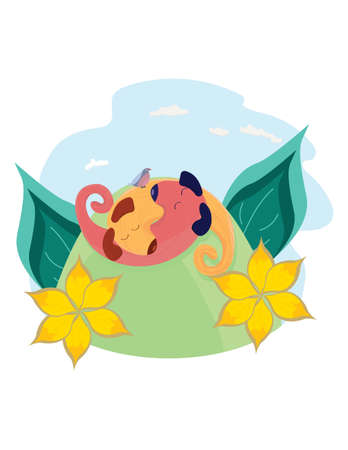 spring card with unusual dogs in greenery, leaves and flowers with sky and clouds on a white backgroundのイラスト素材