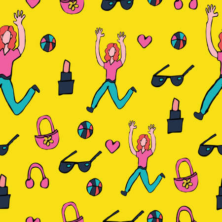 stylish, fashionable seamless pattern with girl, ball, glasses, lipstick, bag, pattern setのイラスト素材