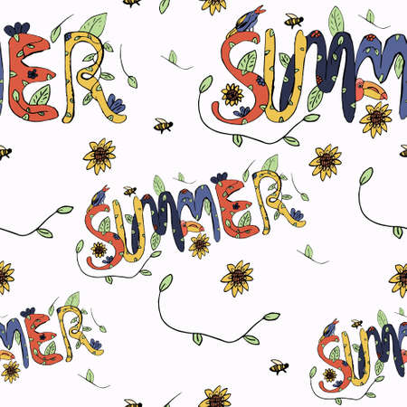 Seamless pattern on a white background with the inscription summer, flowers and birds, art...