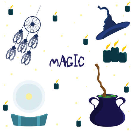 set of mystical esoteric items, dream catcher, candles, magic ball, collection of magic itemsのイラスト素材