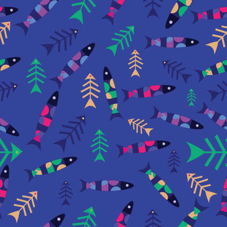 Seamless pattern with fish, fish skeletons, vector design.