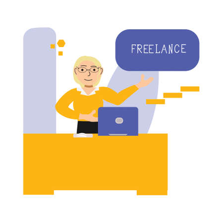 Woman freelancer at the desktop and laptop in a working atmosphere, stylish vector illustration.のイラスト素材