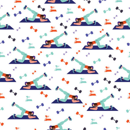 Sports seamless pattern with girl in training and dumbbells on a white background, vector illustrationのイラスト素材